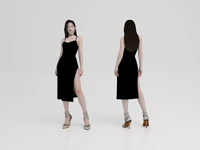 Woman in Black Spaghetti Strap Dress with Side Slit High Heels Front Back Views 3d model