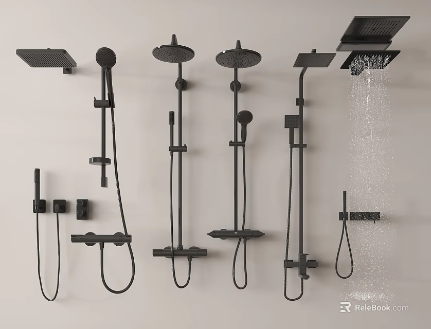 Black Shower Heads With Various Styles Including Handheld Overhead And Fixed Designs 3d model 