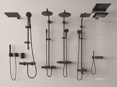 Black Shower Heads With Various Styles Including Handheld Overhead And Fixed Designs 3d model