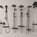 Black Shower Heads With Various Styles Including Handheld Overhead And Fixed Designs 3d model