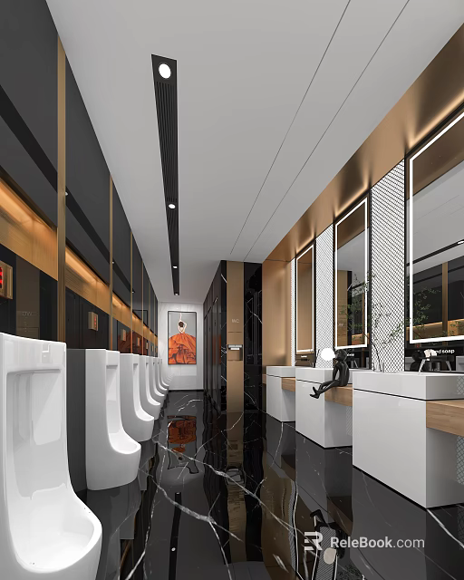 Modern Public Restroom Interior With Urinals Washbasins Mirrors And Decorative Painting 3d model 