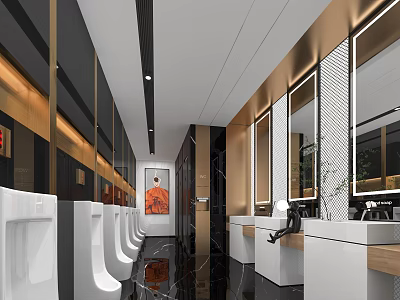Modern Public Restroom Interior With Urinals Washbasins Mirrors And Decorative Painting 3d model