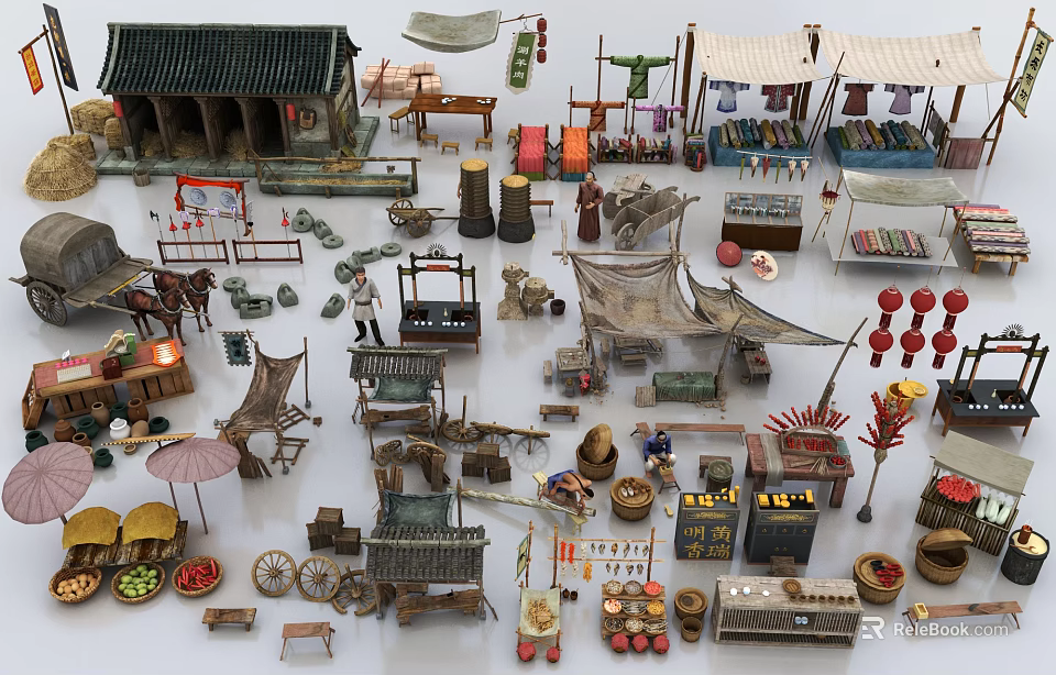 Ancient Market Scene With Traditional Stalls Figurines Vendor Displays And Folk Artifacts 3d model 
