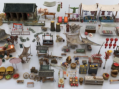 Ancient Market Scene With Traditional Stalls Figurines Vendor Displays And Folk Artifacts 3d model
