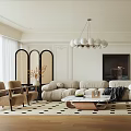Elegant Contemporary Living and Dining Room Interior With Beige Sofa Wooden Coffee Table and White Globe Chandelier