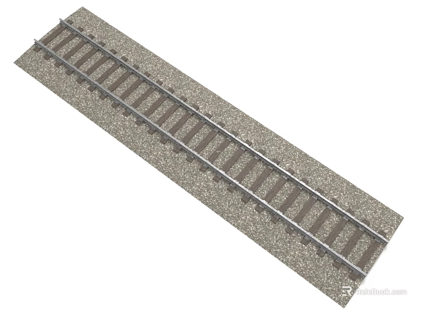 Detailed Model Railroad Straight Track Section with Gravel Bed and Metal Rails 3d model 