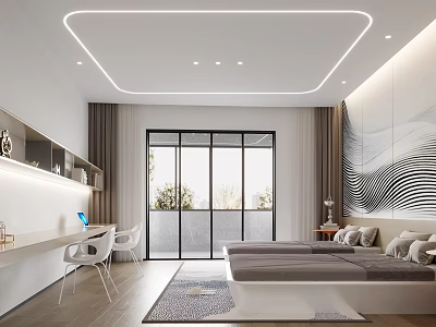 Modern Hotel Room Interior With Floor to Ceiling Windows Writing Desk and Decorative Wall Art 3d model