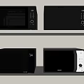 Modern Kitchen Appliances Featuring Black And Silver Microwaves On Shelves With Various Designs