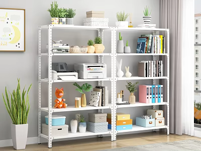 White Multi Tiered Bookshelf With Books Plants Storage Boxes And Decorations In Bright Indoor Space 3d model