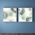 Two Silver Framed Abstract Paintings With Gray White Lines On Blue Wall 3d model