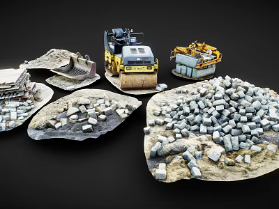 Detailed Miniature Construction Equipment Models With Gravel Piles And Terrain Features 3d model