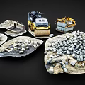 Detailed Miniature Construction Equipment Models With Gravel Piles And Terrain Features