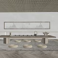 Minimalist Tea Room Interior With Wooden Tea Table Tea Sets Cushions And Landscape Painting