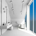 Modern Bathroom Interior With Marble Countertop White Bathtub Large Windows And Pendant Lights