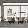 Modern Elegant Restaurant Interior With Dining Table Beige Chairs Potted Plant And Wall Artwork