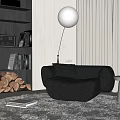 Modern Black Leather Sectional Sofa With Floor Lamp Side Table And Bookshelf