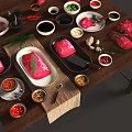 Essential Kitchen Utensils Knife Bowls and Spices with Fresh Meat on Wooden Table