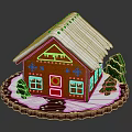 Festive Gingerbread House With Snowy Roof Red Door Snowflake Windows And Christmas Trees