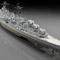 Grey Warship With Turrets And Naval Equipment 3d model