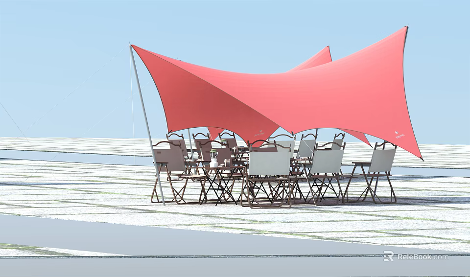 Red Tensile Membrane Structure For Outdoor Seating With Chairs And Tables 3d model
