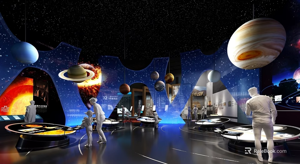 Space Science Exhibition With Hanging Planets Starry Sky And Interactive Displays For Visitors 3d model 