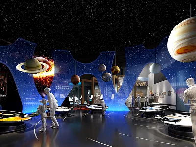 Space Science Exhibition With Hanging Planets Starry Sky And Interactive Displays For Visitors 3d model