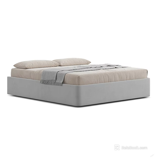 Modern Double Bed With Soft Mattress Beige Bedding Two Pillows And Gray Frame 3d model 