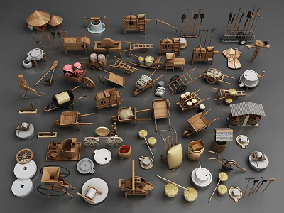Traditional Agricultural Equipment Collection With Various Wooden Farm Tools And Implements 3d model