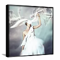 Portrait Painting of Woman in White One Shoulder Dress with Flowing Fabric Hazy Gray Background