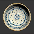 Cream Ceramic Bowl With Yellow Rim And Blue Floral Geometric Patterns