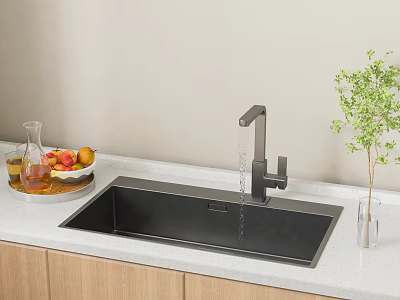 Kitchen Sink With Black Faucet Dripping Water Fruit Tray Drinks And Potted Plant White Countertop 3d model