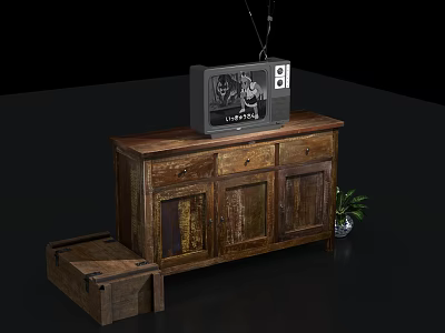 Rustic Wooden TV Stand With Drawers Cabinet Doors And Small Plant Decor 3d model