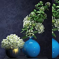 Blue Gold Vases with White Flowers Against Dark Patterned Wall 3d model