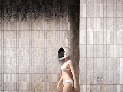 Gray Textured Floor Tile Interior Design With Astronaut Helmet Decorative Figure 3d model