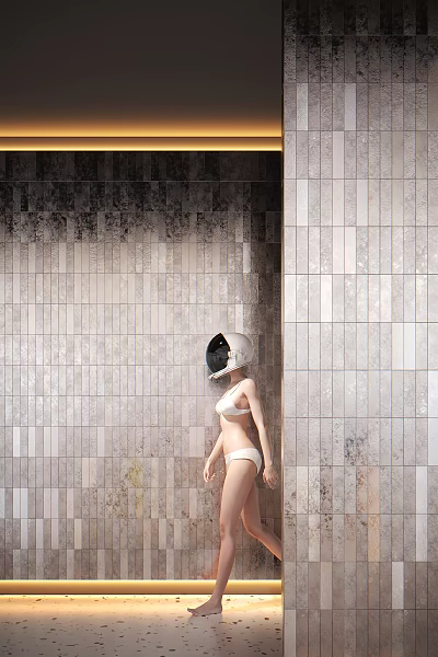 Gray Textured Floor Tile Interior Design With Astronaut Helmet Decorative Figure 3d model