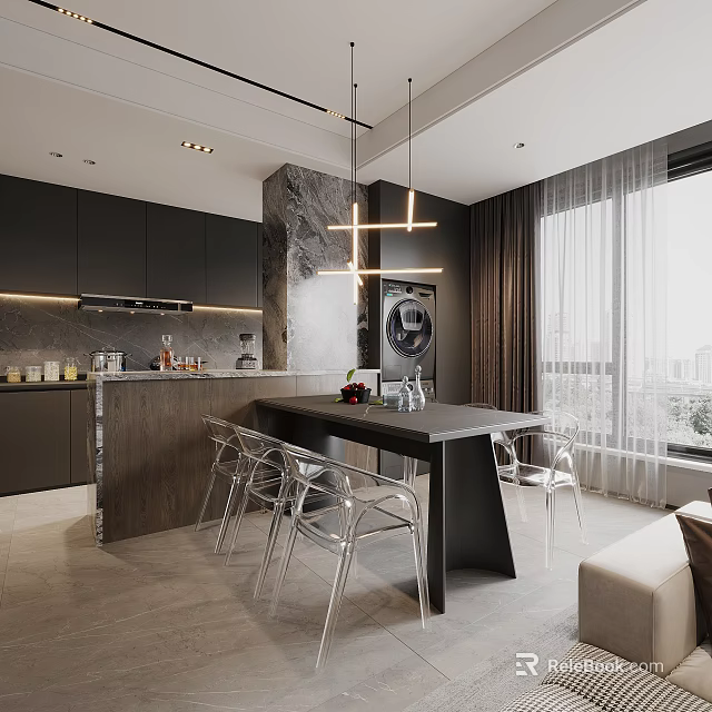 Modern Restaurant Interior Design With Black Dining Table Transparent Chairs And Pendant Lighting 3d model 