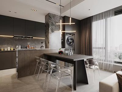 Modern Restaurant Interior Design With Black Dining Table Transparent Chairs And Pendant Lighting 3d model
