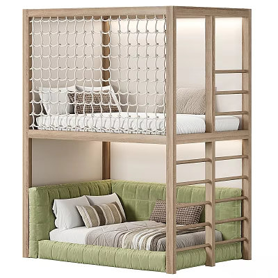 Children's Bunk Bed With Netted Guardrail Green Sofa Bed And Ladder 3d model