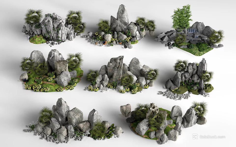 Various Decorative Rockery Stones With Small Plants And Moss For Garden Landscaping 3d model 
