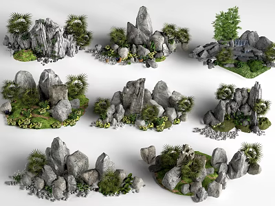Various Decorative Rockery Stones With Small Plants And Moss For Garden Landscaping 3d model