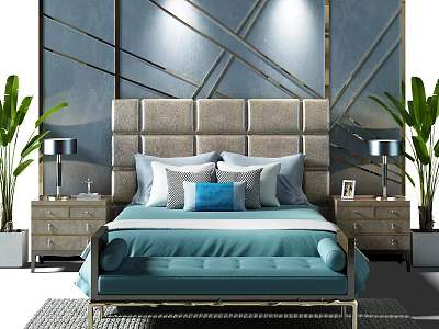 Luxurious Double Bed With Tufted Headboard Blue Bedding Geometric Wall Nightstands Lamps And Green Plants 3d model