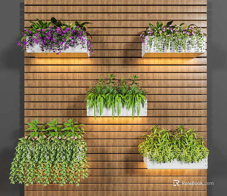 Wall Mounted Potted Plants With White Planters Purple Flowers And Hanging Greenery On Wooden Wall 3d model 