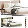 White and Orange Headboard Double Bed with Pillows Striped Blanket and Nightstand