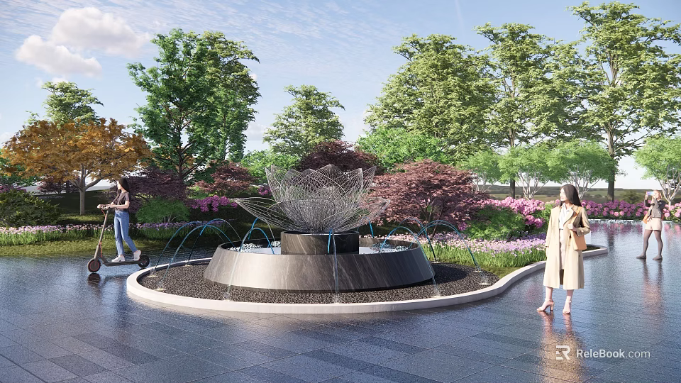 Outdoor Park Fountain Sculpture with Metal Mesh Structure Water Sprays and Greenery Near Pedestrians 3d model 