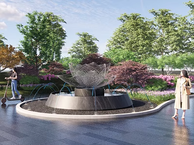 Outdoor Park Fountain Sculpture with Metal Mesh Structure Water Sprays and Greenery Near Pedestrians 3d model