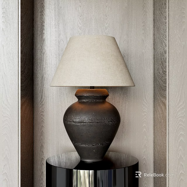 Ceramic Base Table Lamp With Beige Fabric Shade In Wooden Interior Setting 3d model