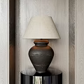 Ceramic Base Table Lamp With Beige Fabric Shade In Wooden Interior Setting 3d model