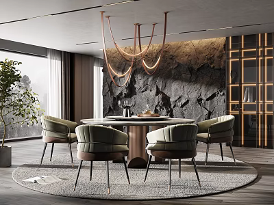Modern Restaurant Interior With Round Dining Table Upholstered Chairs Copper Chandelier And Stone Feature Wall 3d model