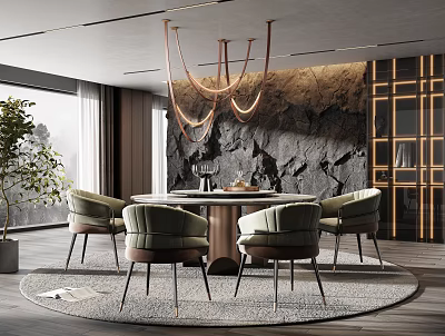 Modern Restaurant Interior With Round Dining Table Upholstered Chairs Copper Chandelier And Stone Feature Wall 3d model