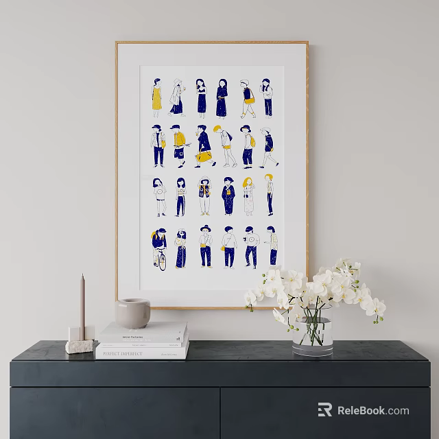 Photo Wall Decor with Different Posed Figures in Blue Yellow White Colors and Golden Frame 3d model 